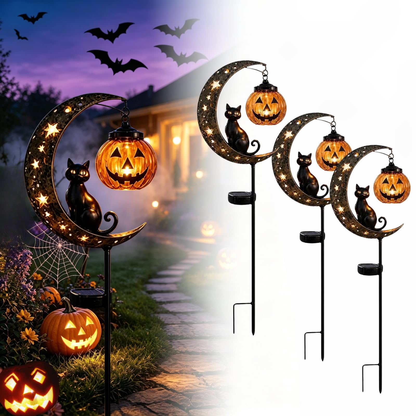 Lampada Solare da Giardino a Forma di Gatto Nero per Halloween, da Appendere a Forma di Zucca o Luna | Lampada da Giardino a Forma di Zucca e Luna, in Metallo Resistente alle intem