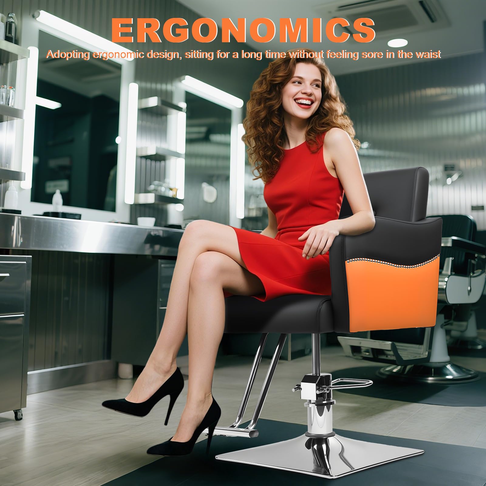 Friseurstuhl Höhenverstellbar mit hydraulischer Pumpe 360° Drehbar belastbar bis 150 kg Schwarz Orange