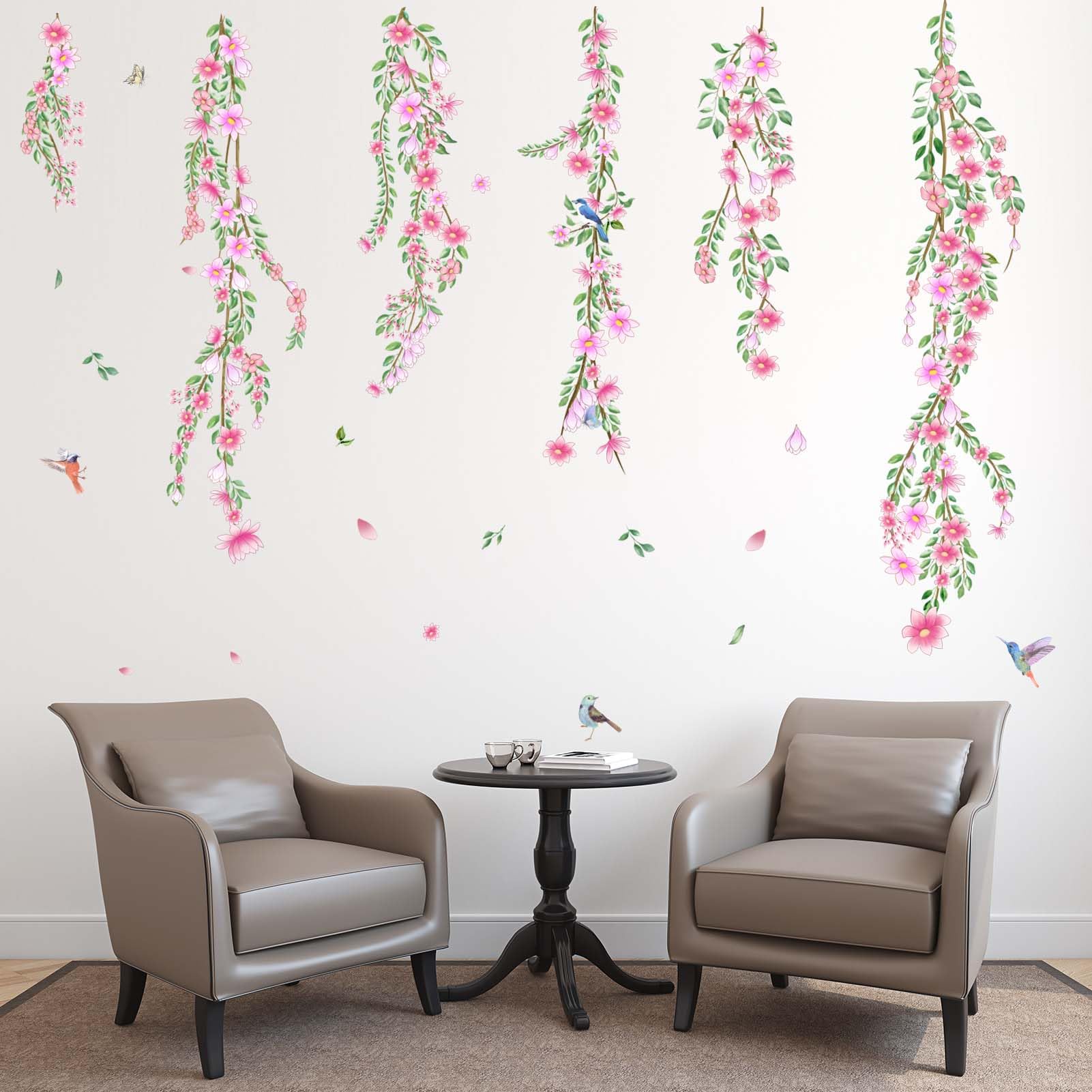 PinkEleph Hanging Vines Flower Wall Decals, Cherry Blossom Tree Branch Floral Birds Wall Stickers