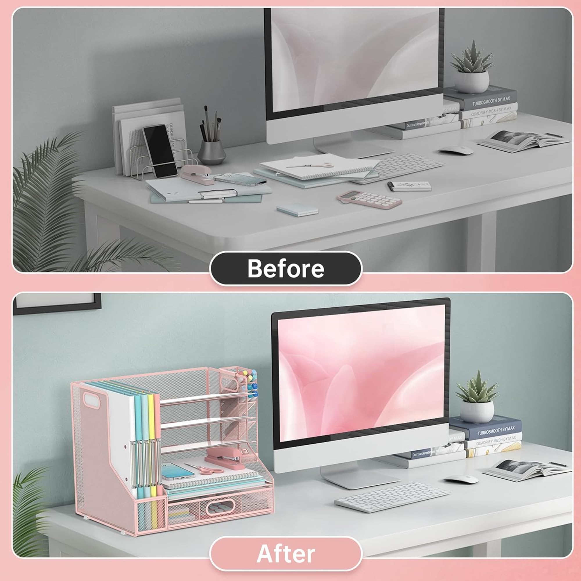 Schreibtisch Organizer mit Aktenhalter, 5-Tier Mesh Papier Brief Tray Organizer mit Stifthalter und Schublade für Bürobedarf, Rosa