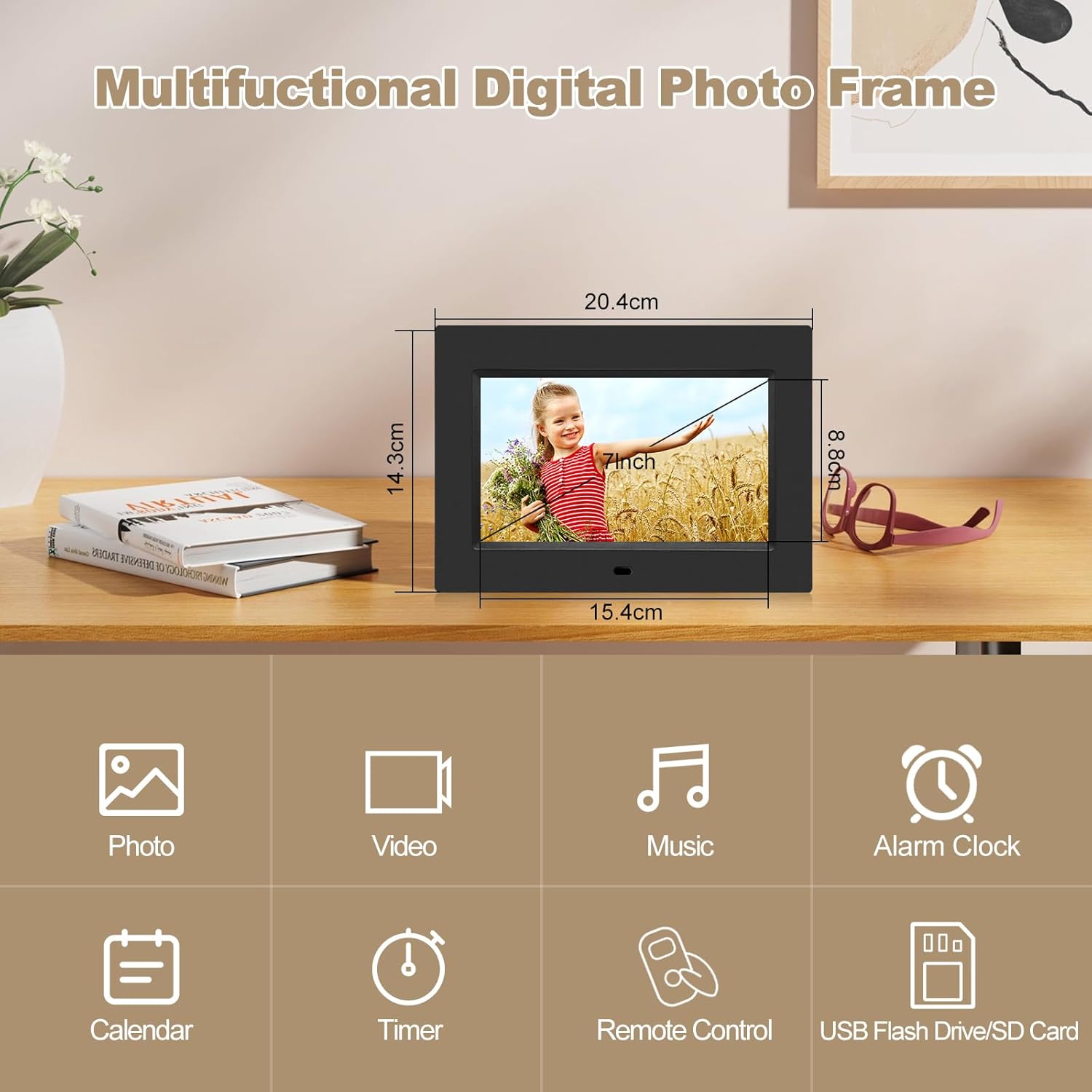 Multifunctional Digital Photo Frame showing icons for photo, video, music, alarm clock, calendar, timer, remote control, and USB/SD card support.