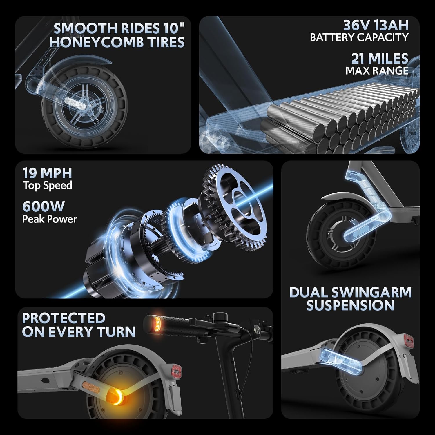 Electric Scooter for Adults with Double Swing-Arm Suspension, 600W Motor & 21-Mile Range - 10" Tires & Full 360° Lights