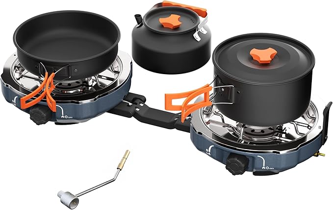 Cofiyard Propane 2 Burner Camping Stove Kit with Camping Cookware, Outdoor Folding Propane Gas Stove, Camp Portable Stove and Camping Cooking Set, 20,000 BTUs for BBQ, Tailgating (Overland Grey)