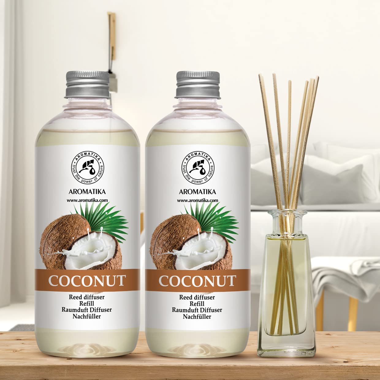 Ricarica per Diffusore di Cocco 2x500ml per Aromaterapia - Fragranza per Casa - Deodorante per Ambienti - Reed Diffuser Refill - Fragranza Intensa e Duratura - Fragranza Cocco