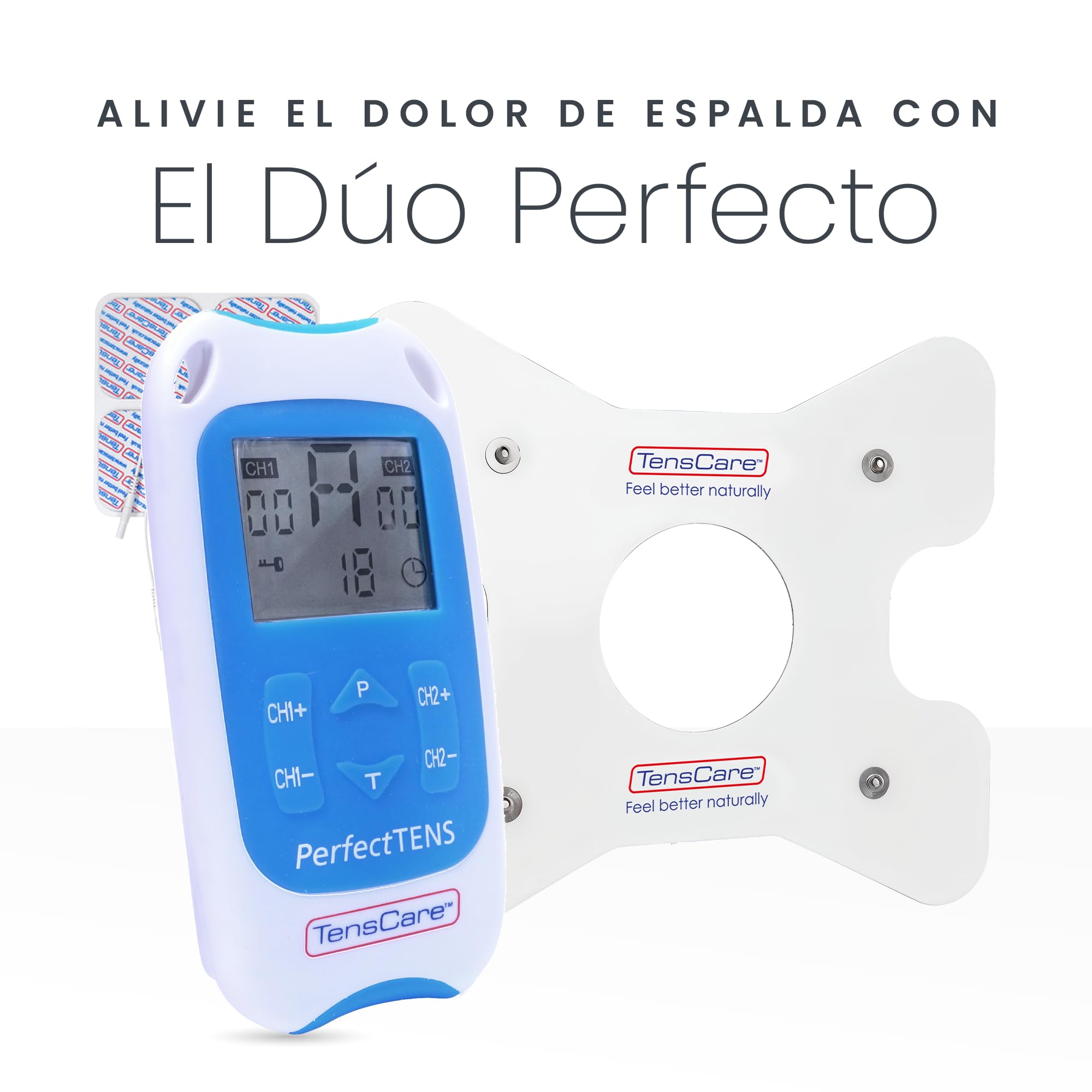 TensCare Perfect TENS + Parches para el Dolor de Espalda – Kit Completo de Terapia del Dolor con Dispositivo TENS de 2 Canales y Electrodos Específicos de Alta Adhesión