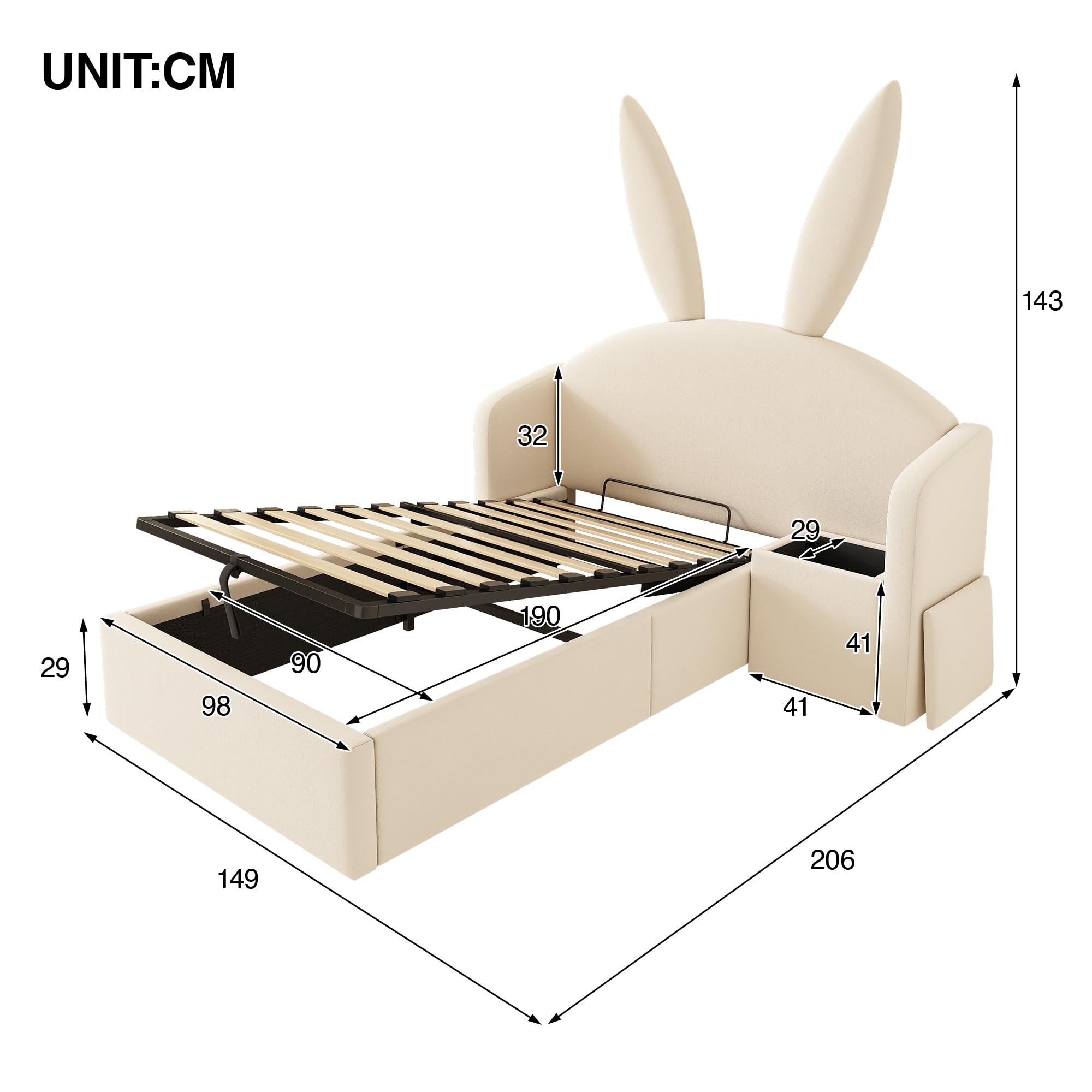 Estructura de Cama Tapizada 90x190cm Cama Individual Canape Hidraulico con Mesilla Integrada Mueble Dormitorio Base de Cama Somier Madera Almacenamiento Terciopelo Beige Juvenil
