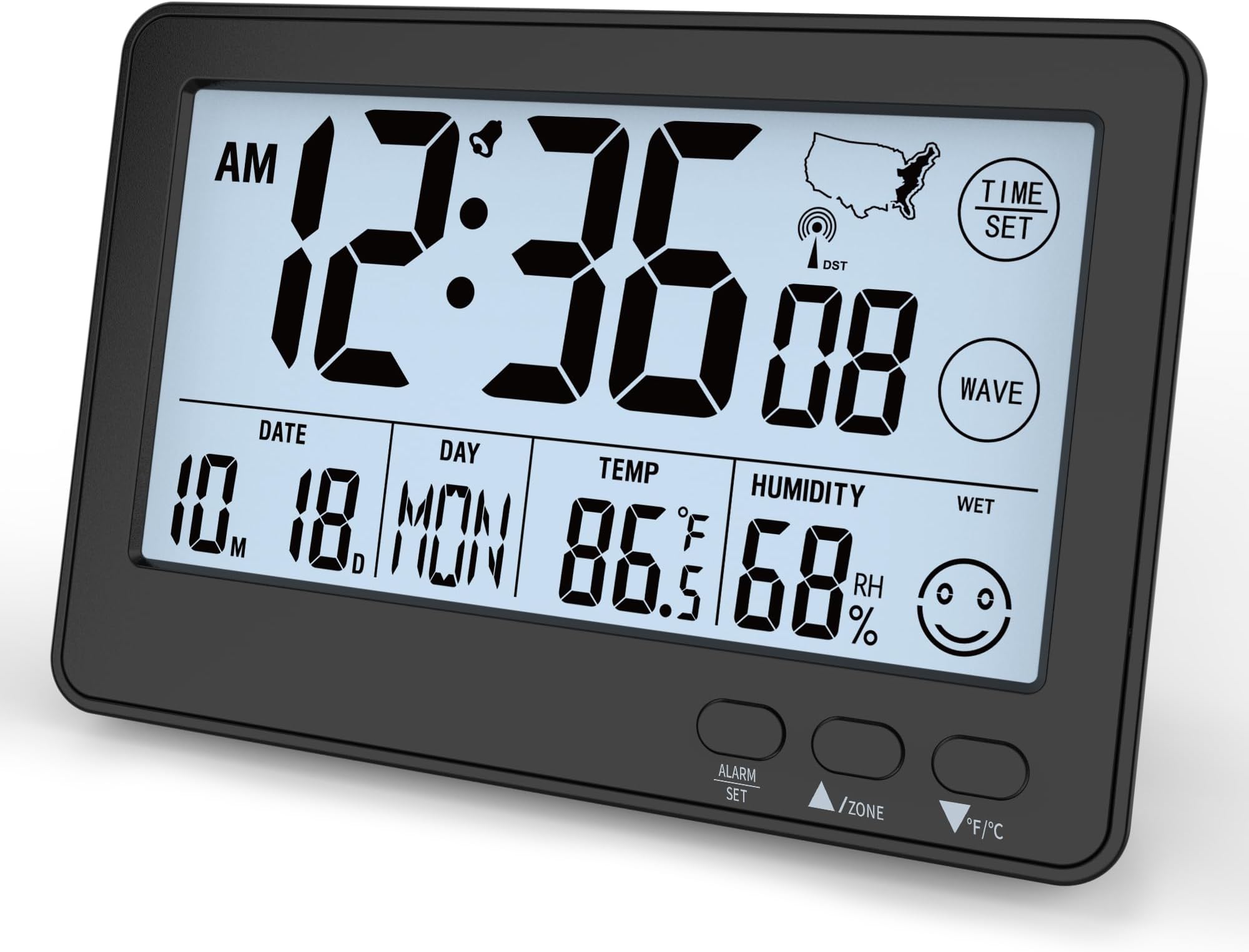 Small Desk Atomic Clock, Auto Set Digital Desk Clocks with Temperature, Humidity and Date, Alarm Clock for Bedroom, Office, 4 Time Zone, (Black)