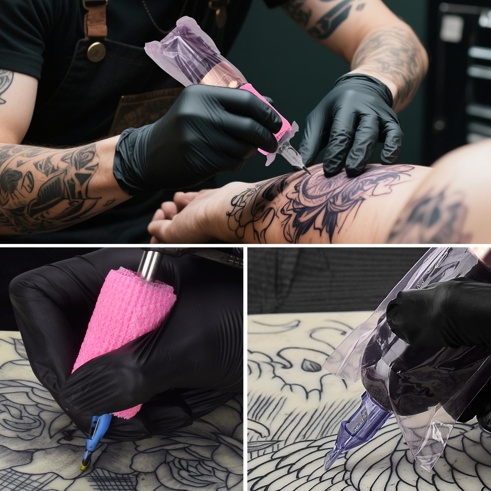 200PCS Tattoo Pen Covers z taśmą samoprzylepną 4PCS Tattoo Grip Wrap Bandaże Maszyna do tatuażu Torby Akcesoria do tatuażu (różowy, 200 sztuk toreb + 4 sztuk taśmy)