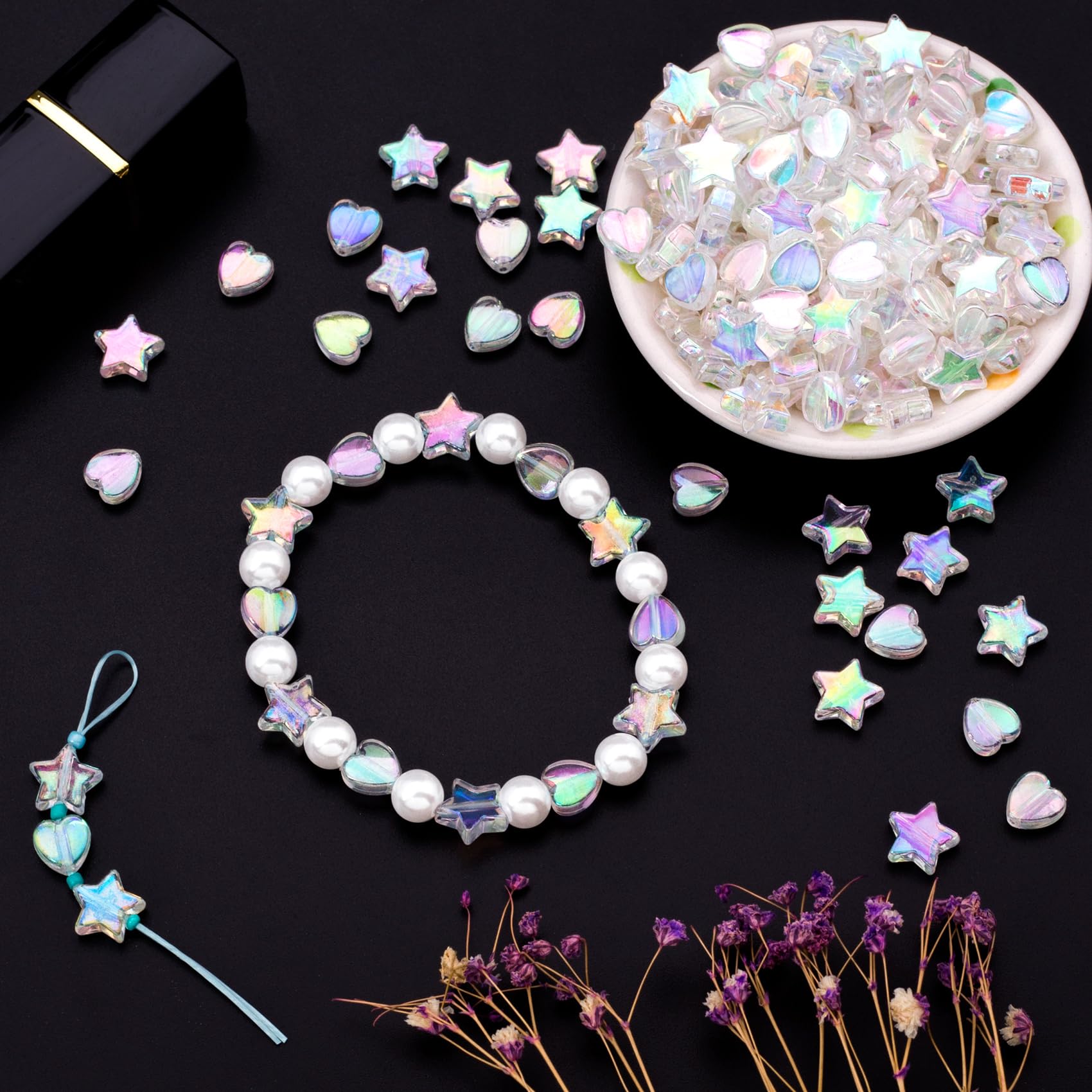 OIIKI 200 Perline A Forma Di Stella In Acrilico Trasparente – 10 Mm, Con Rivestimento AB Colorato – Per Gioielli Fai Da Te, Collane, Bracciali