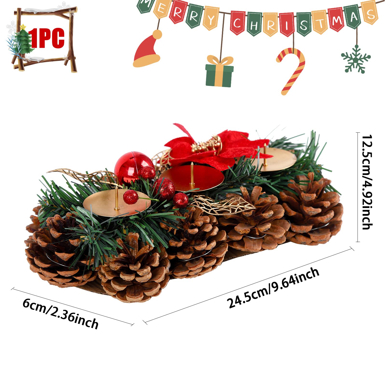 Juegoal Centre De Table Poinsettia De Noël Avec 3 Bougeoirs, Pommes De Pin Et Baies Rouges, Décorations De Noël, Bougie De Vacances, Centre De Table Et Présentoir