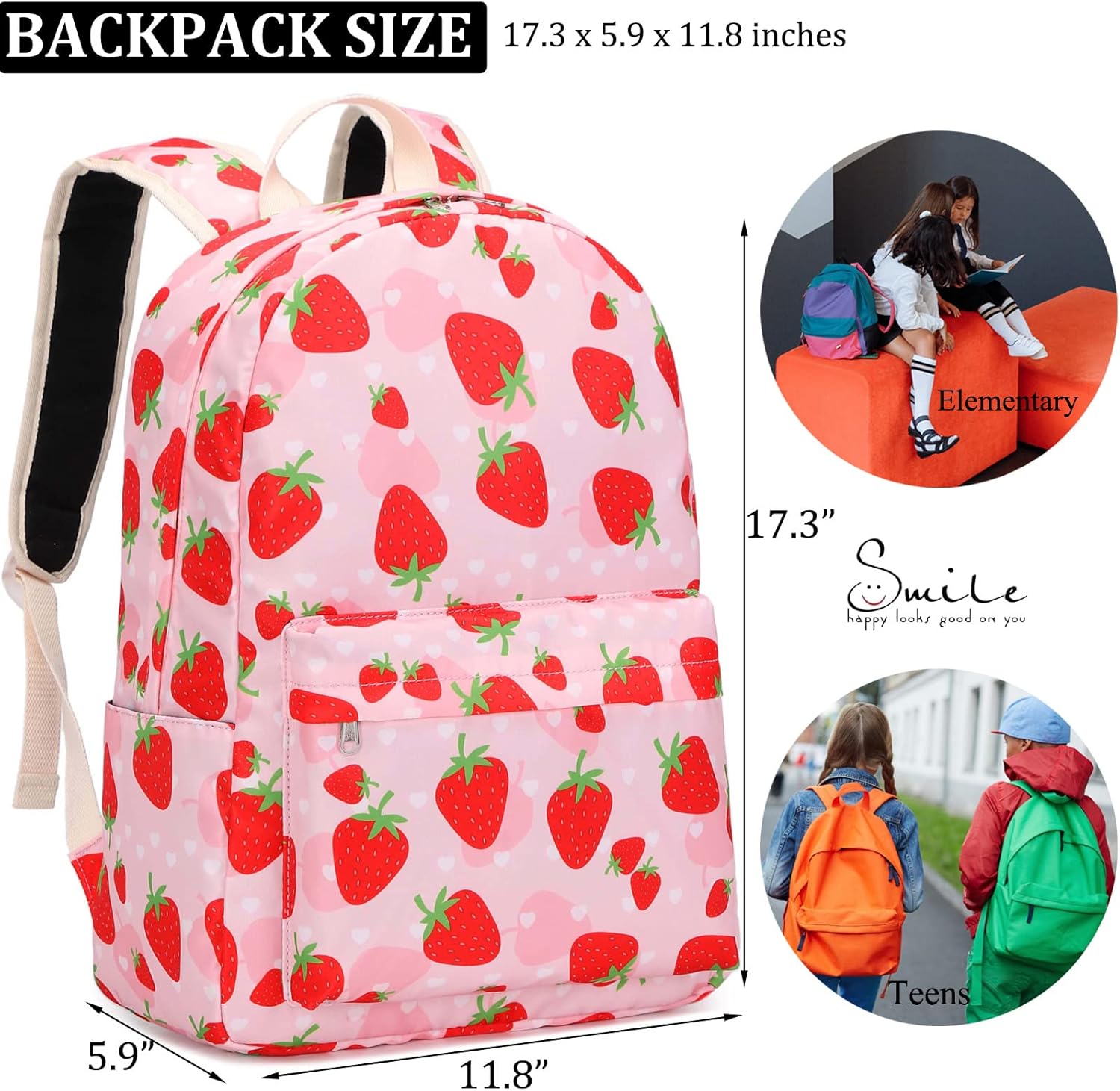 JIANYA Backpack for Girls Elementary Kids Bookbag School Backpack with Lunch box, Strawberry-Pink - Image 3