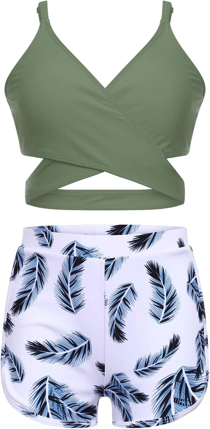 Kids Girls 3Pcs Swimming Costume Feather Print Split Swimsuit Bikini and Feather Print Shorts Beachwear