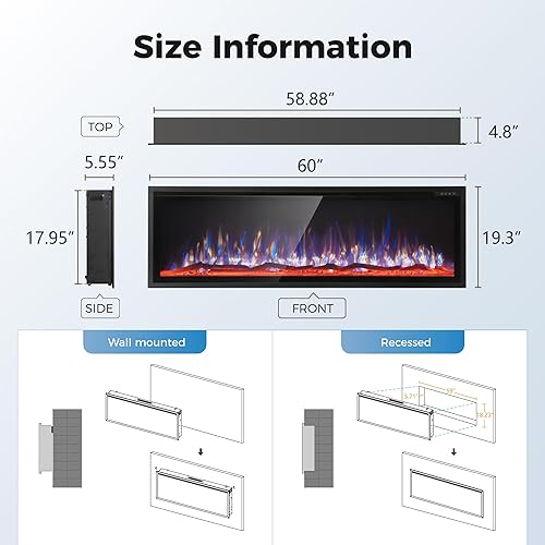 Miniatura 8 de MAISON ARTS Chimenea eléctrica de 60 pulgadas, calentador eléctrico empotrado y montado en la pared, marco ultra estrecho con control remoto,