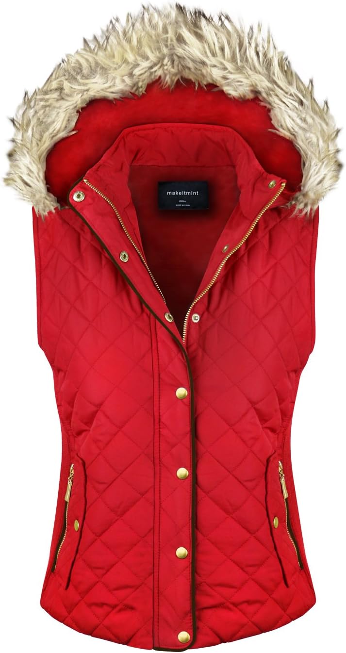 makeitmint Women’s Quilted Padding Jacket Vest with Faux Fur Hood