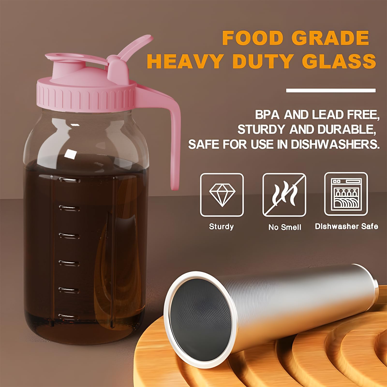 Cold Brew Coffee Maker Pitcher, 32 oz Thick Glass Mason Jar Spout Lid with Handle & Stainless Steel Filter for Iced Brew Coffee, Ice Lemonade, Sun Tea, Fruit Drinks Container: 32 Ounces Pink