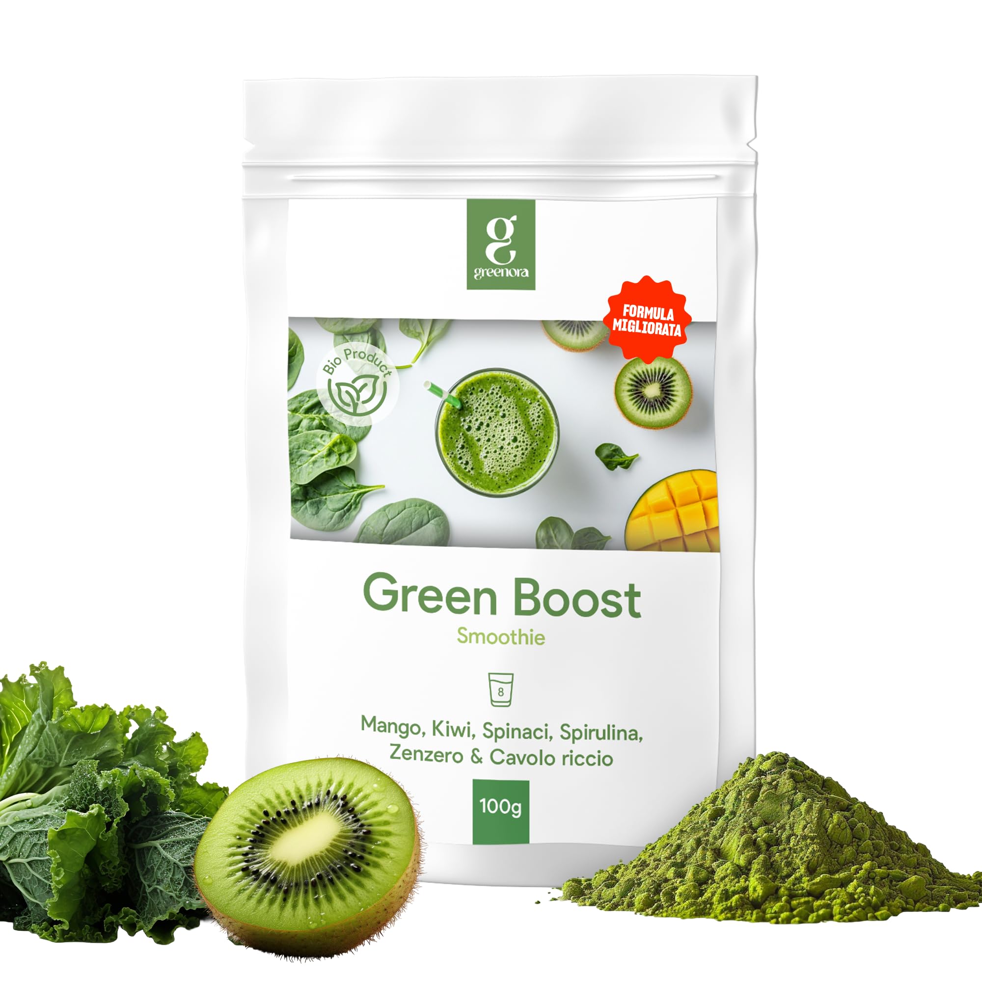 GREENORA Polvere di Spirulina, Spinaci, Zenzero, Cavolo Riccio, Mango e Kiwi per Smoothie. Frutta e Verdura Liofilizzata 100% Naturale. Vegan. 100g