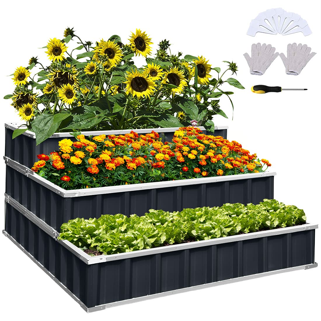 KING BIRD 3 Tiers Raised Garden Bed Dismountable Frame Galvanized Steel