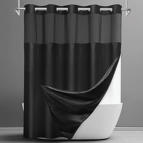 Miniatura 8 de Cortina de ducha sin gancho con forro a presión, cortina de ducha de gofre para baño, tela estilo hotel, forro interior impermeable, 71 pulgadas de