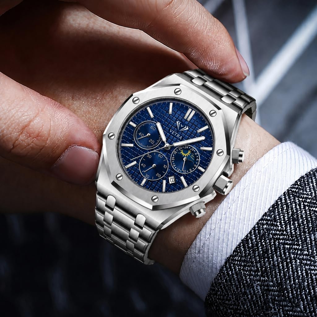 Vetra Orologi da uomo ottagonali di lusso multifunzione orologi per uomo analogico fasi lunari quadrante blu in acciaio inossidabile luminoso impermeabile data regalo per uomo Relojes para Hombres