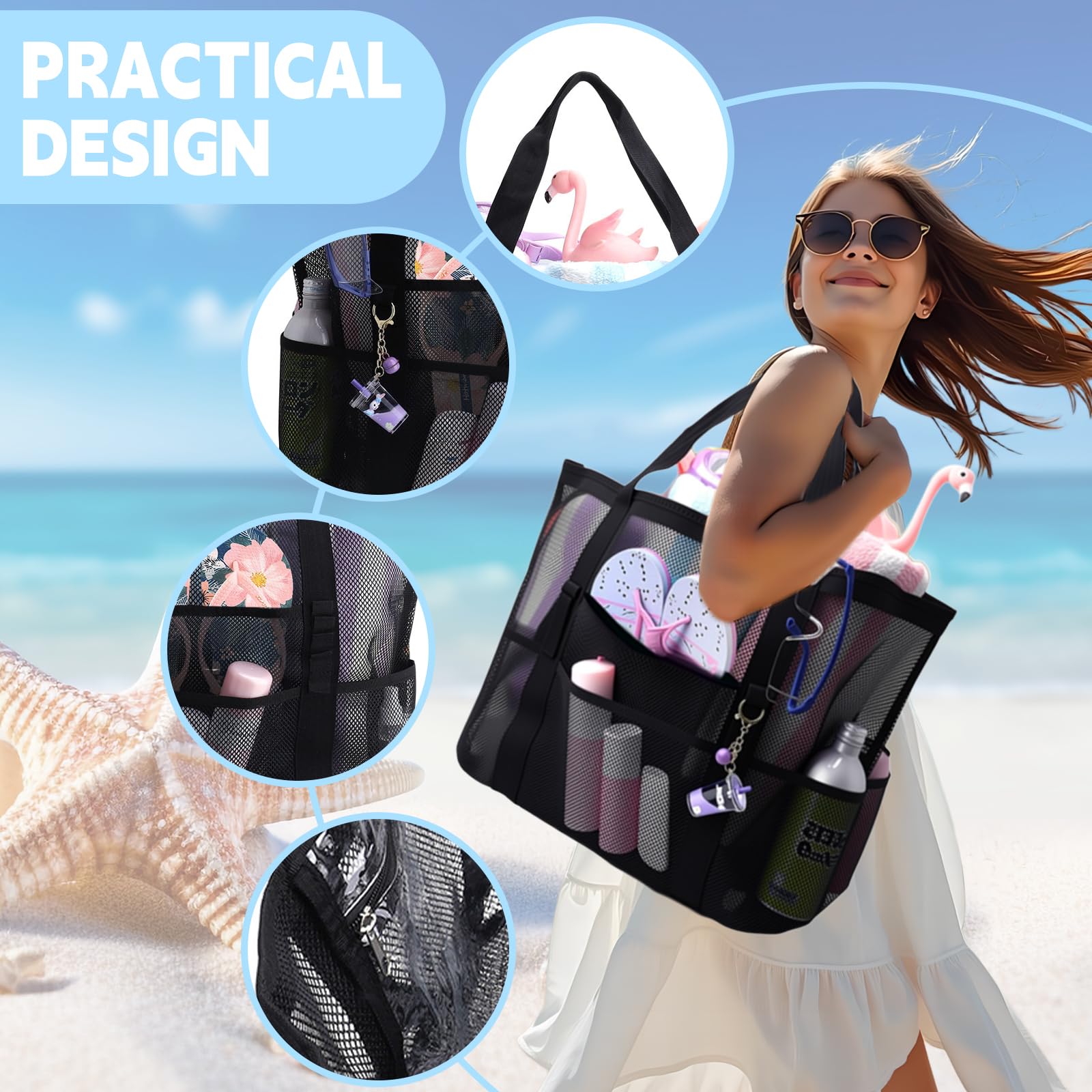 CIYIN Borsa spiaggia in Rete Donna, Borsa da Spiaggia da Donna XXL Famiglia,Borsa da Doccia,Leggera e Traspirante per Piscina, Vacanze & Spiaggia (43 * 21 * 39 cm)