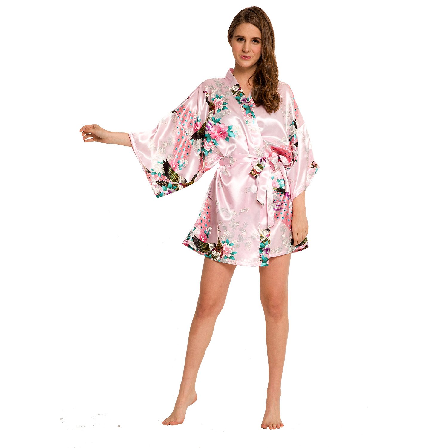 Women's Peacock Kimono Robe SR-13 Short (Medium, Pink)