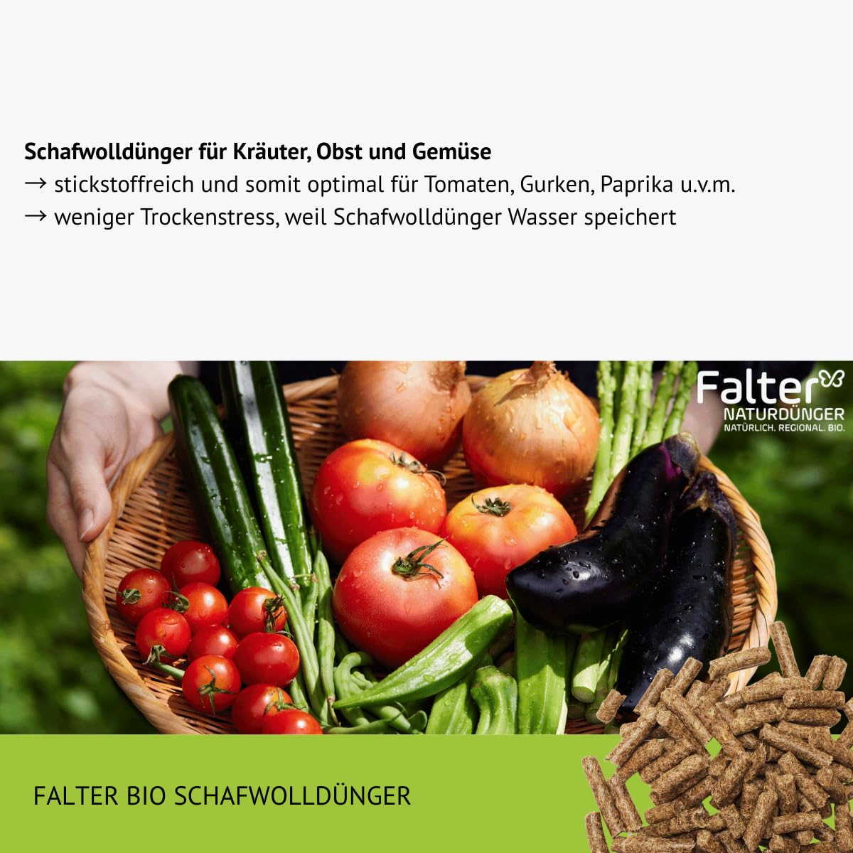 Falter BIO Schafwolldünger Mini-Pells 20 kg | Schafwollpellets pur | Mini-Pells aus 100 % Schafwolle für Gemüse, Obst, Kräuter und Blumen