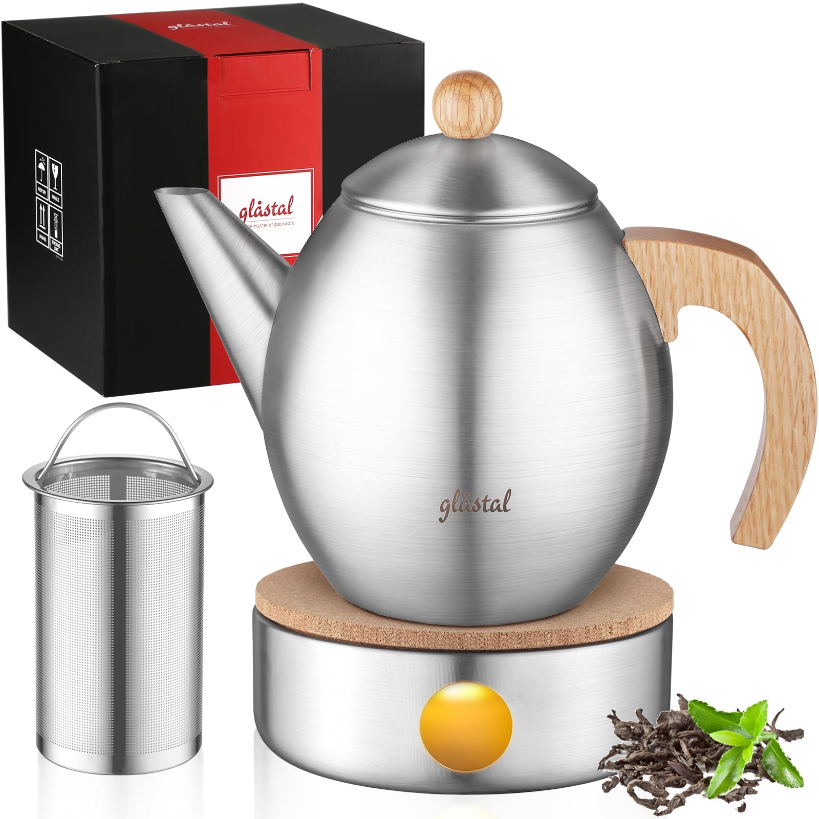 glastal Tetera plateada de acero inoxidable, 1200 ml, con calentador de té y calentador de té de acero inoxidable