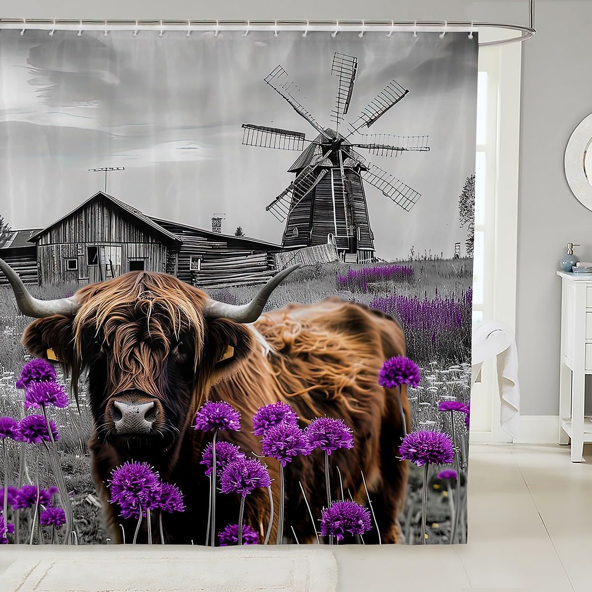 Highland Cow Bath Curtain, Garden Windmill Decor Country Lodge Cabin Shower Western Animal Farm House Cottage 72"Wx72"L, Flowers Rustic Home Decor