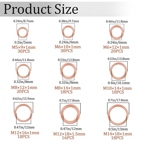 Miniatura 2 de Ruibapa 188 piezas de arandelas planas métricas de cobre, kit surtido de arandelas de sellado de 9 tamaños (M5 M6 M8 M10 M12 M14)