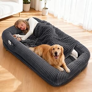 OtterOasis Foldable Human Dog Bed for Adult, 72"x44"x12" Fluffy Faux Fur Human Sized Pet Bed with Blanket, Orthopedic Dog Bed with Egg Foam and Water Proof Liner (Dark Grey (Surround), 72" Length)