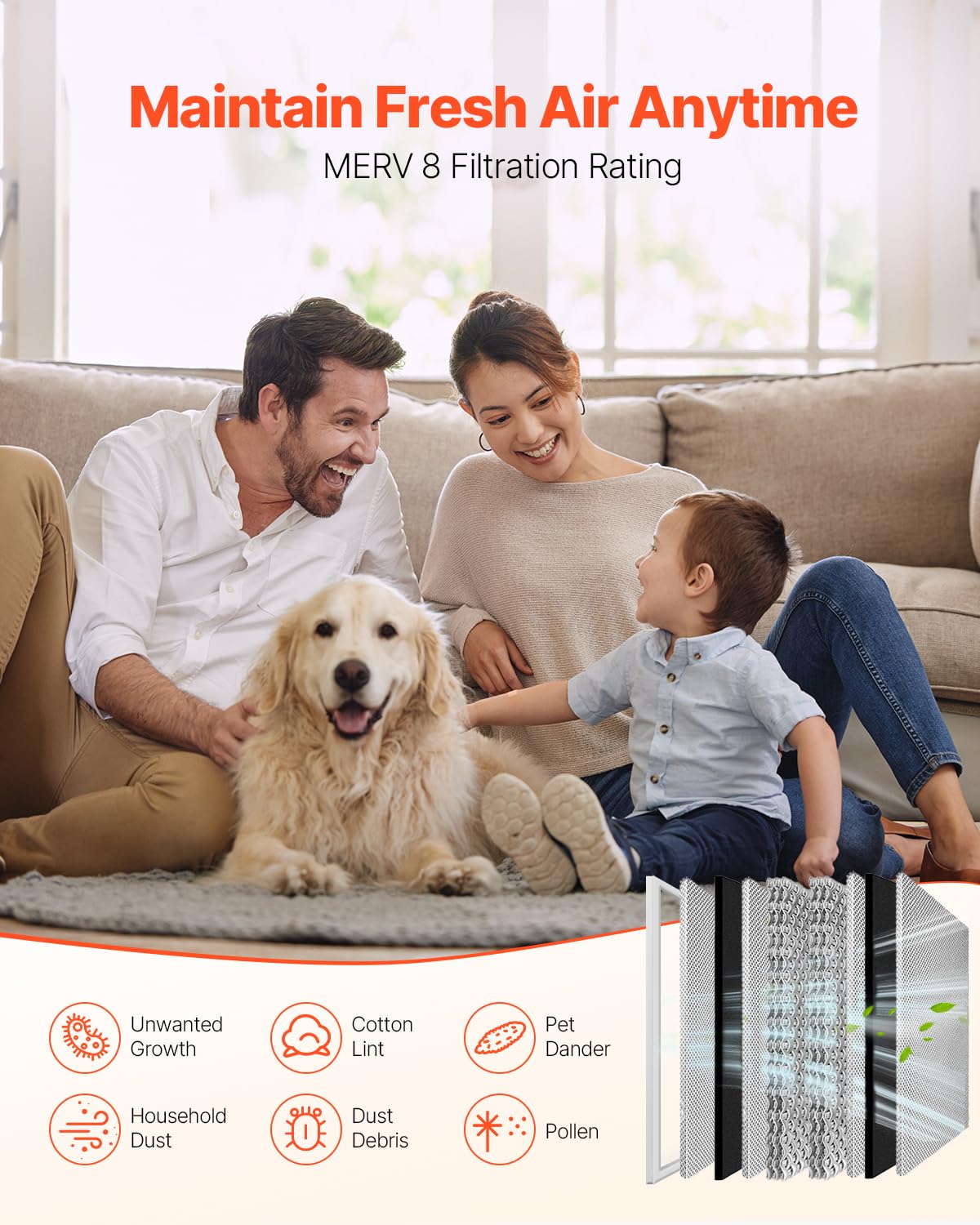 VEVOR Filtro dell'Aria Elettrostatico, Filtro per Caldaia in Telaio Alluminio, Filtro Lavabile Riutilizzabile a Lunga Durata, per Casa Ufficio, Dimensioni Effettive 492 x 619 x 91 mm