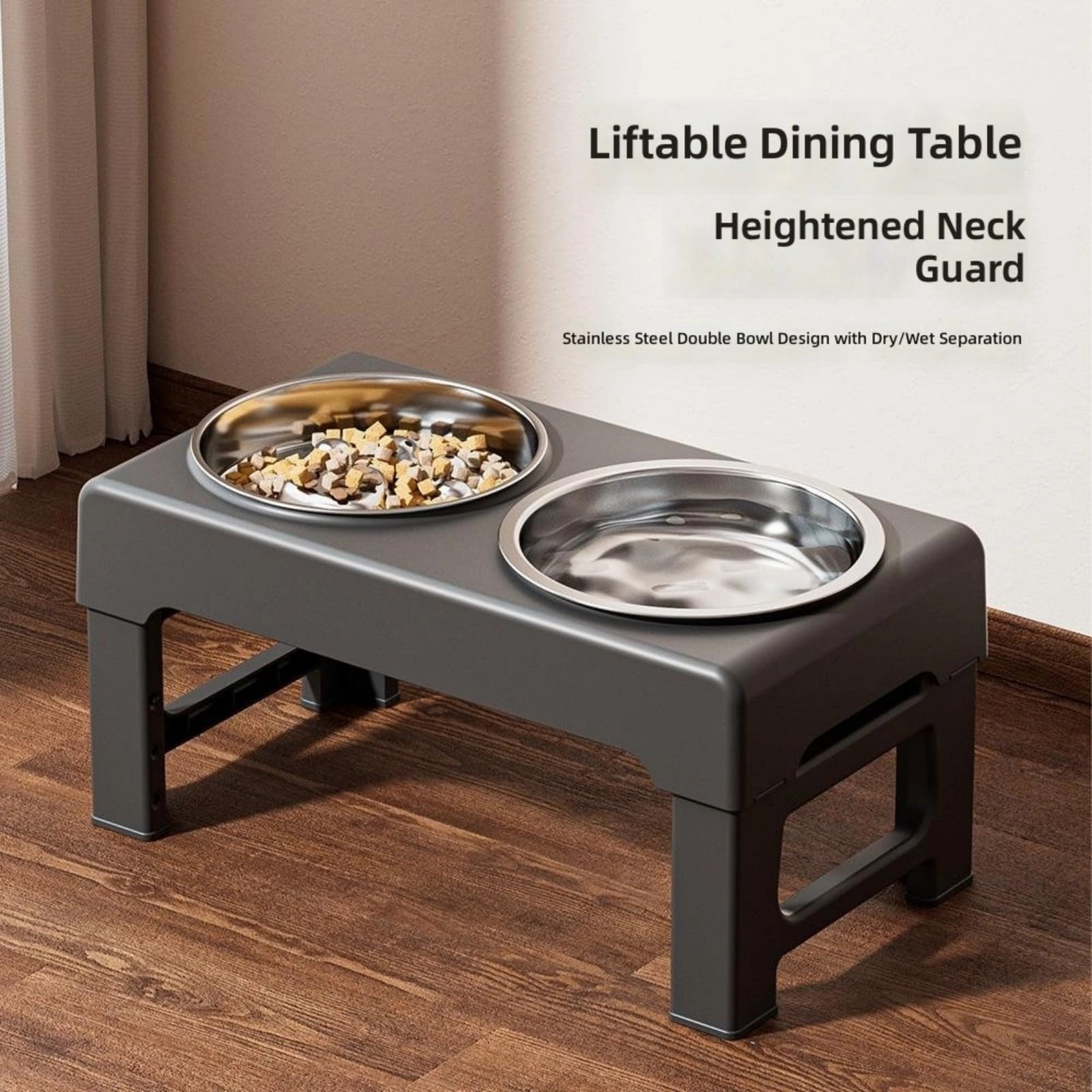 Station d'alimentation surélevée pour animaux de compagnie avec 3 options de hauteur pour gamelle confortable et réglable en hauteur
