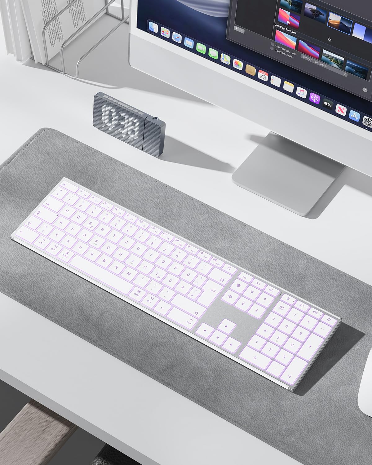 OMOTON Aluminium Kabellose Mac Tastatur, 2.4G & Dual-Bluetooth (BT1/BT2), Beleuchtete Tastatur für Apple MacBook Pro/Air, iMac, Mac mini, ultradünn, wiederaufladbare leise QWERTZ, Silber