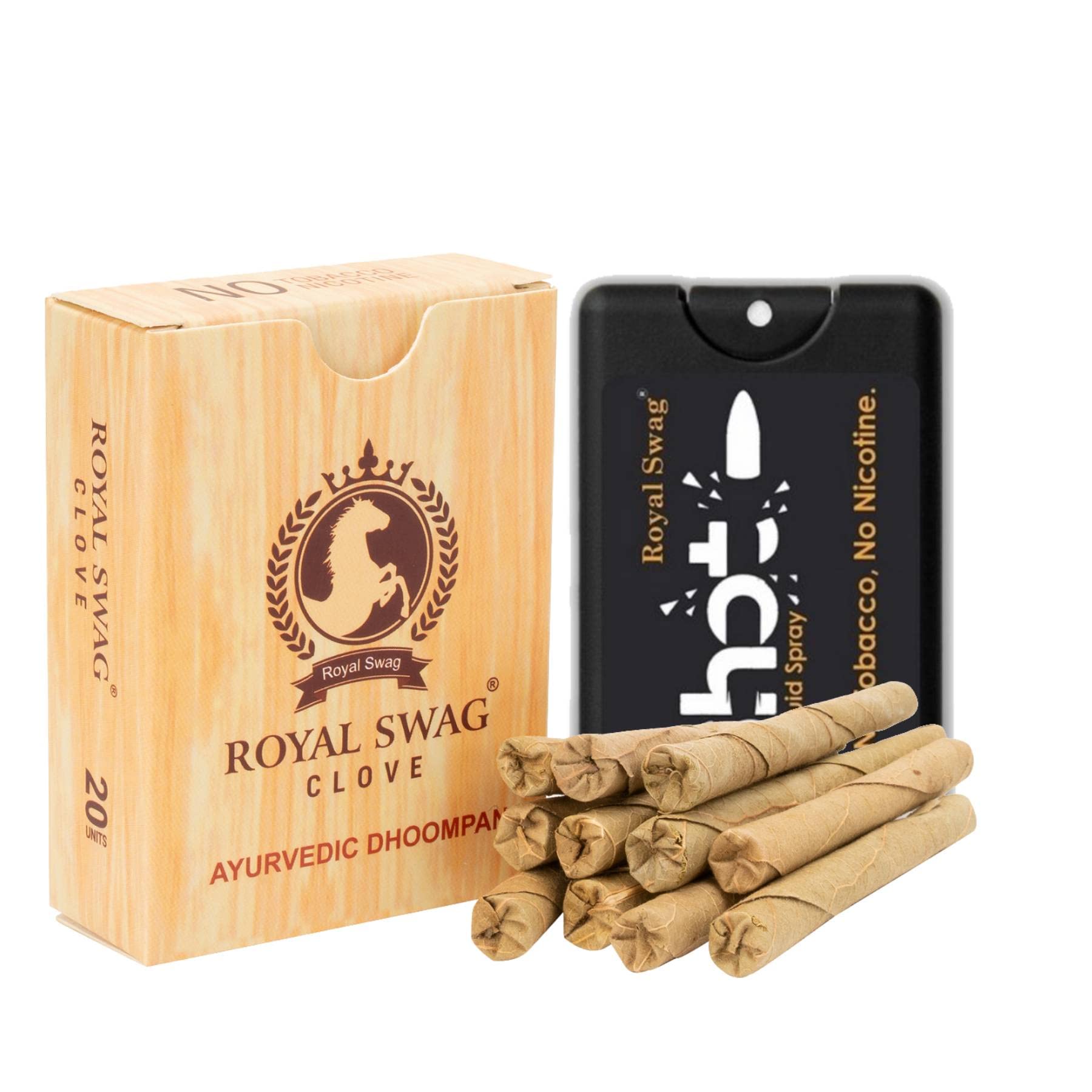 ROYAL SWAG Ayurvedic Herbal Bidi For Smoking 100% Tobacco-Free, Nicotine-Free (Pack Of 20 Sticks) With 20 ml Shot Spray Satisfy Nicotine Craving (Smoking Cessation)