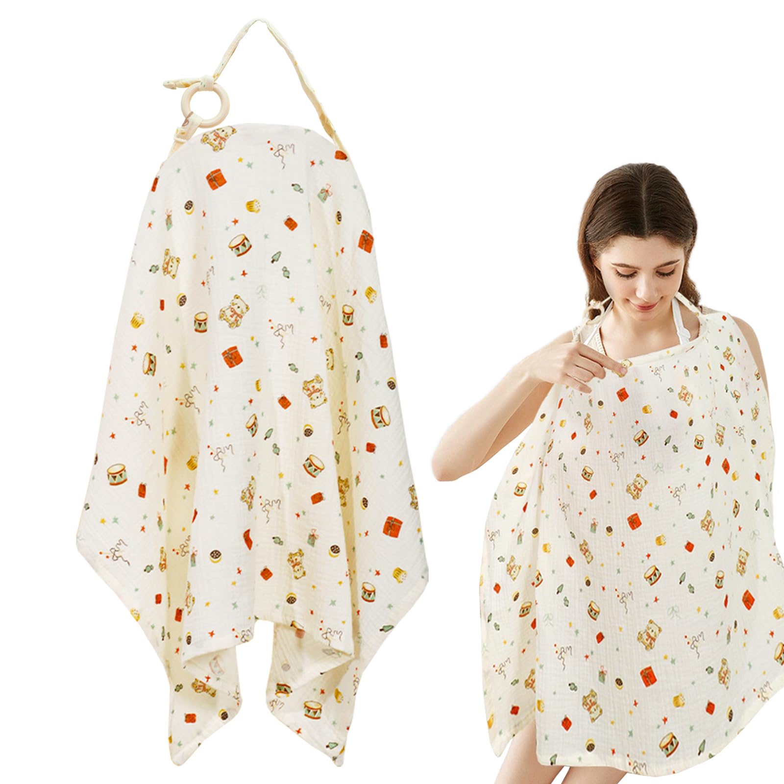 Cape Allaitement Bebe 93 x 65 cm Coton Boucle de Fixation Beige Ours