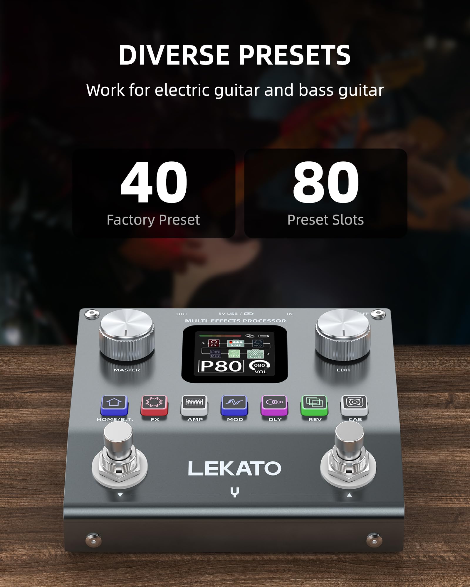 LEKATO Guitar Multi-Effects Pedal,Rechargeable Bass Effects Processor with 6 Effects Modules - Image 2