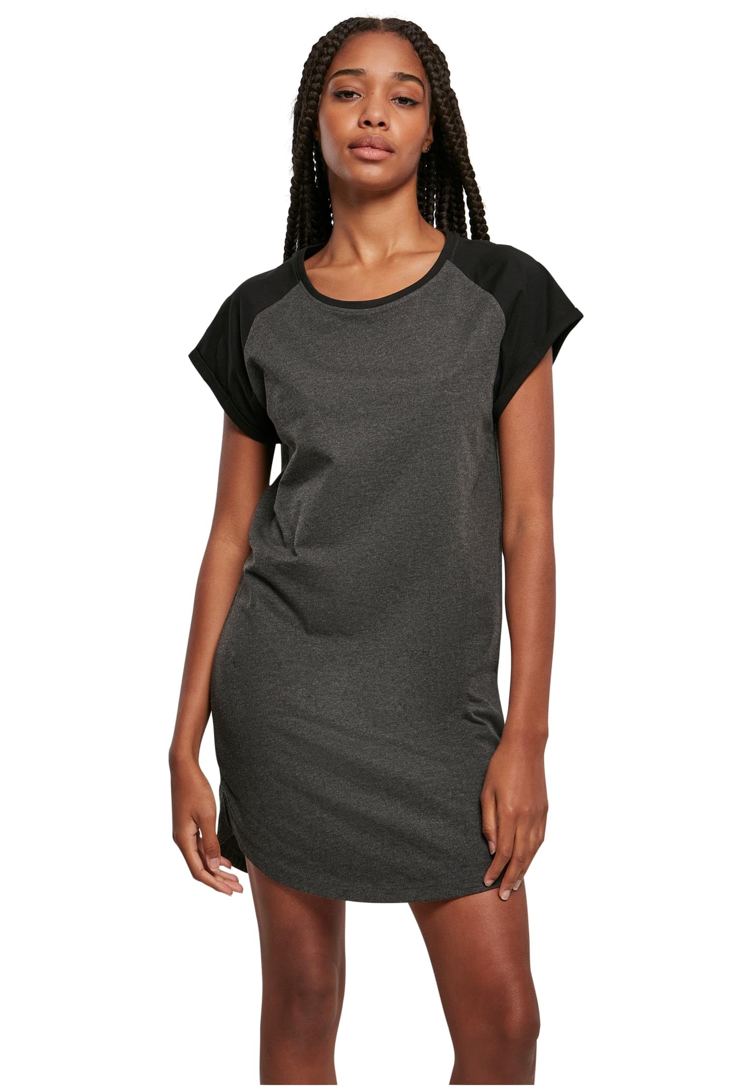Urban Classics Ladies Contrast Raglan Tee Dress T-Shirt Dress with Contrasting Sleeves Sizes XS - 5XL, Charcoal/Black, XXL