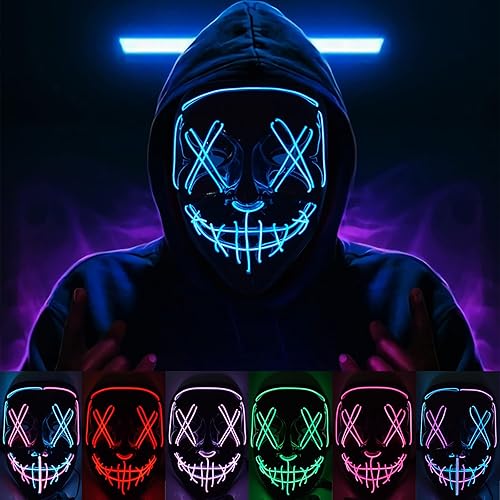 KaTiSeMo Máscara de Halloween con luz LED, máscara de purga de Halloween con 4 modos de iluminación, máscara de grito aterrador para festivales y