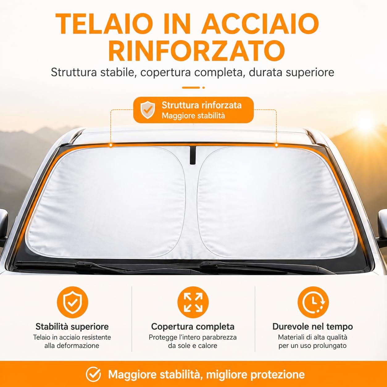 Parasole Auto Parabrezza – Parasole Pieghevole Universale, Protezione UV, Anti Calore, Tendina Parasole Interna per Tutti i Veicoli (145×80 cm)