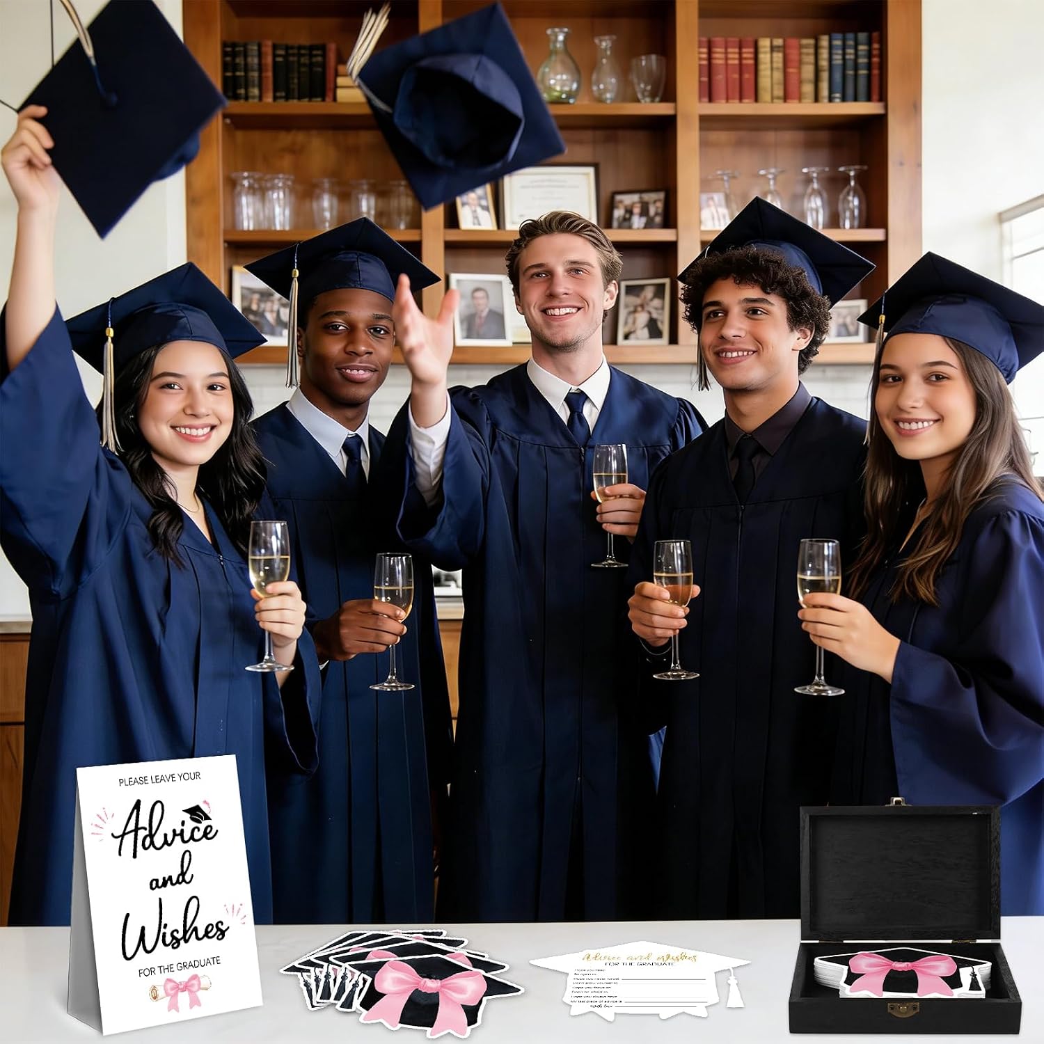 JarThenaAMCS 52pcs 2026 Graduation Advice and Wishes for Graduation Decorations Pink Bow Cap Advice Cards with Wooden Table Sign Keepsake Box for Congrats Grad Celebration Party Supplies