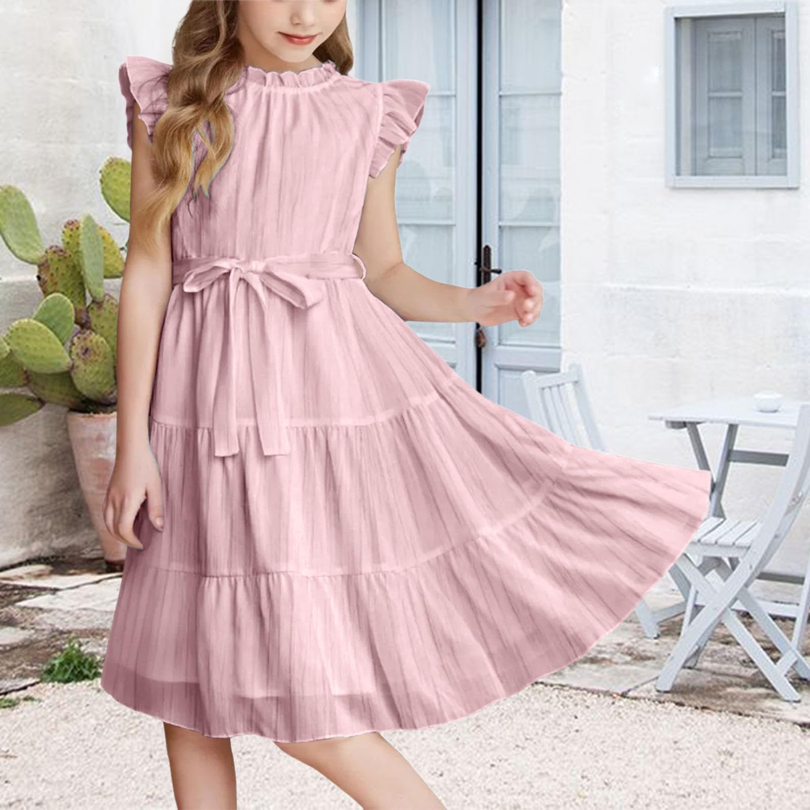 Vestido de verano para niñas, formal, fiesta, manga con volantes, acampanado, casual, a la moda, para bodas, cumpleaños, festivos, vestido de dama de honor