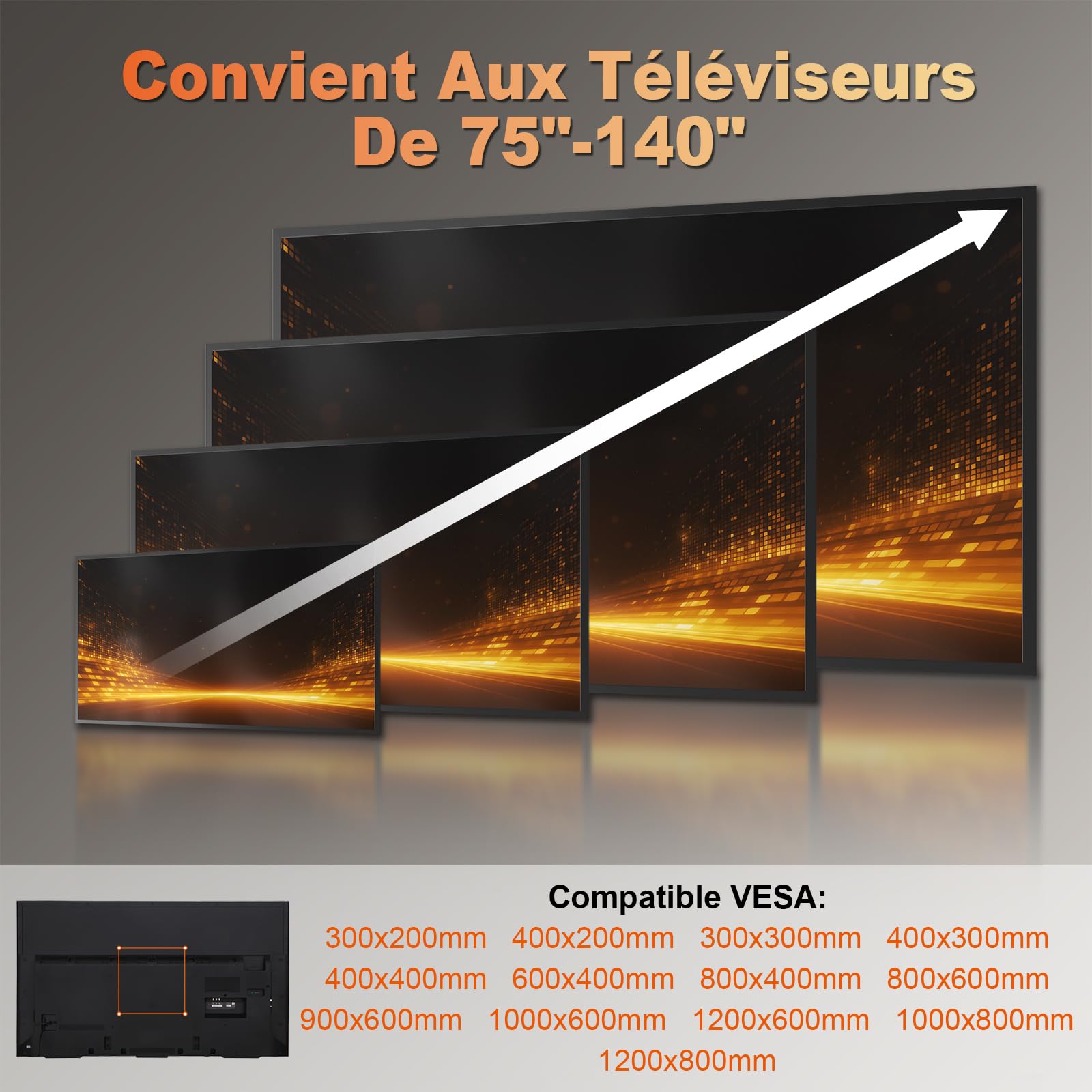 Support Mural Universel Ultra Fin pour téléviseurs de 37 à 140 Pouces, Jusqu'à 125 kg, VESA Max 1200 x 800, Noir