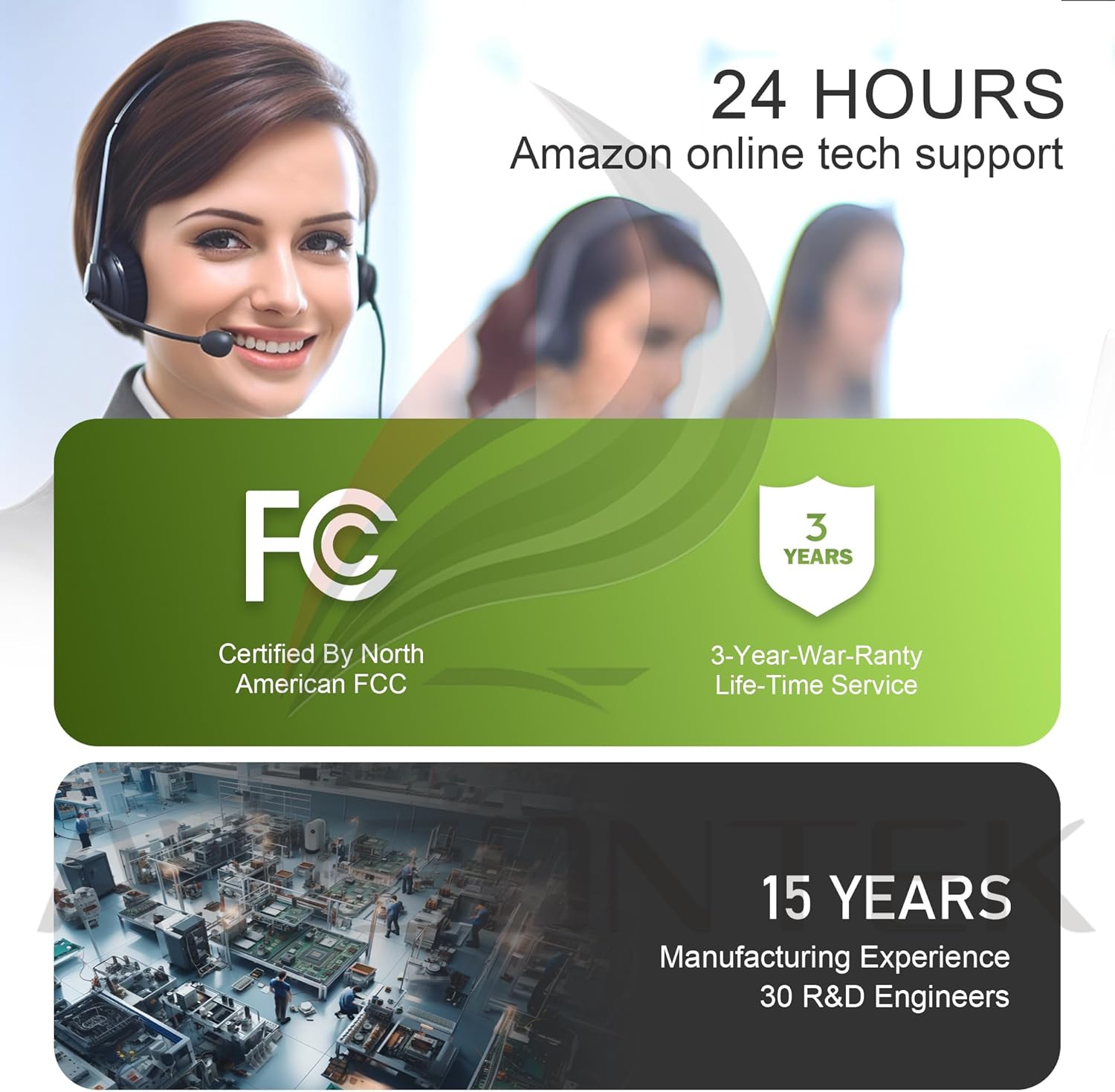 Image showing a customer service representative with text indicating 24-hour Amazon online tech support, FCC certification, and a 3-year warranty.