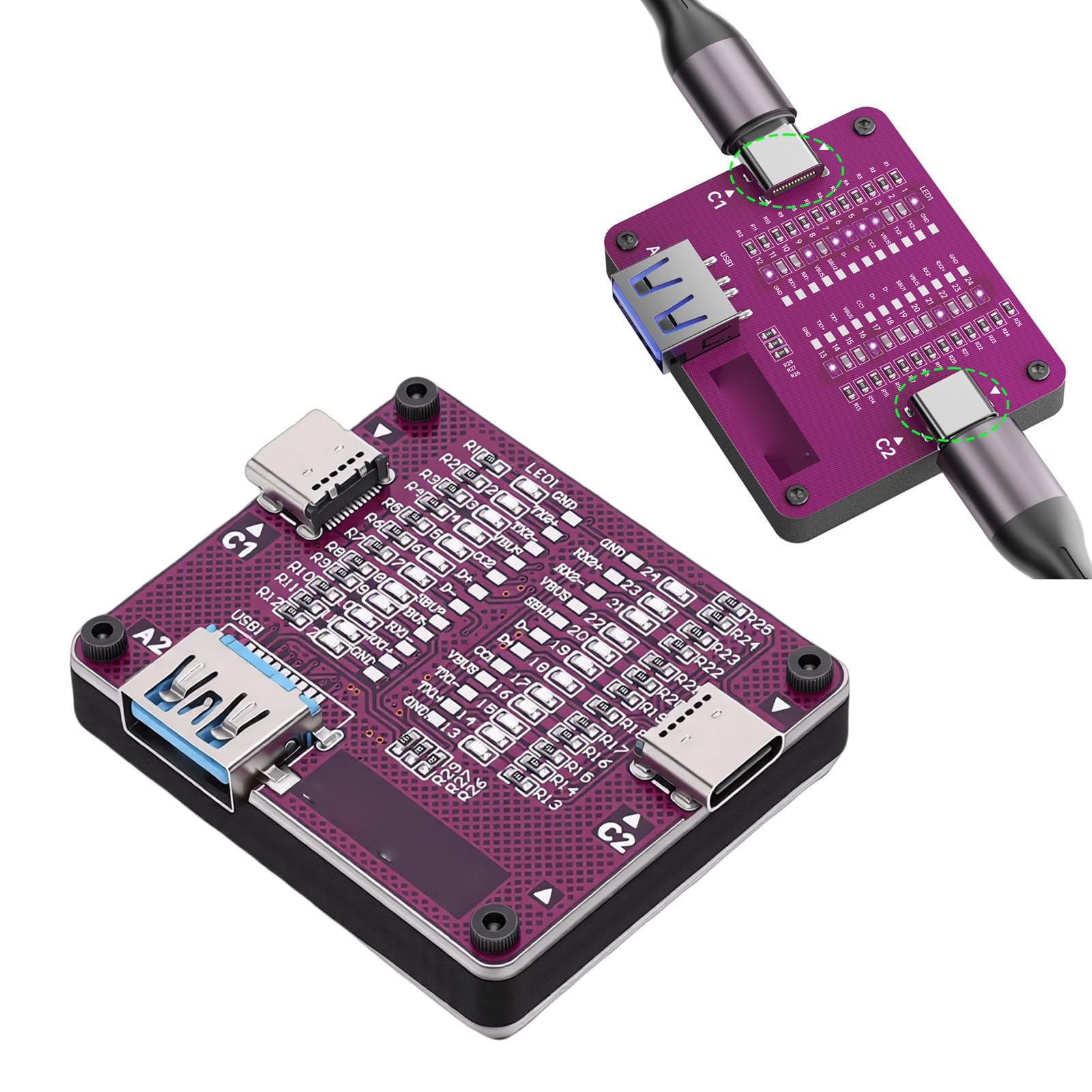 USB Cable Tester Board, Dual Ended 2xType C 1xUSB Data Cable Checker with 24 LED Indicators, for Comprehensive Compatibility Checks and Fast Diagnostics