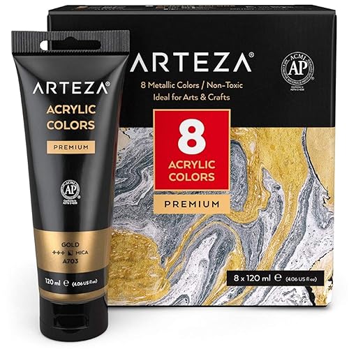 ARTEZA Metallic Acrylic Paint, Set of 8 Metallic Colors in 120 ml Tubes, Rich Pigments, Non Fading, Non Toxic Paints for Artists & Hobby Painters, Art Supplies for Canvas Painting & Crafts