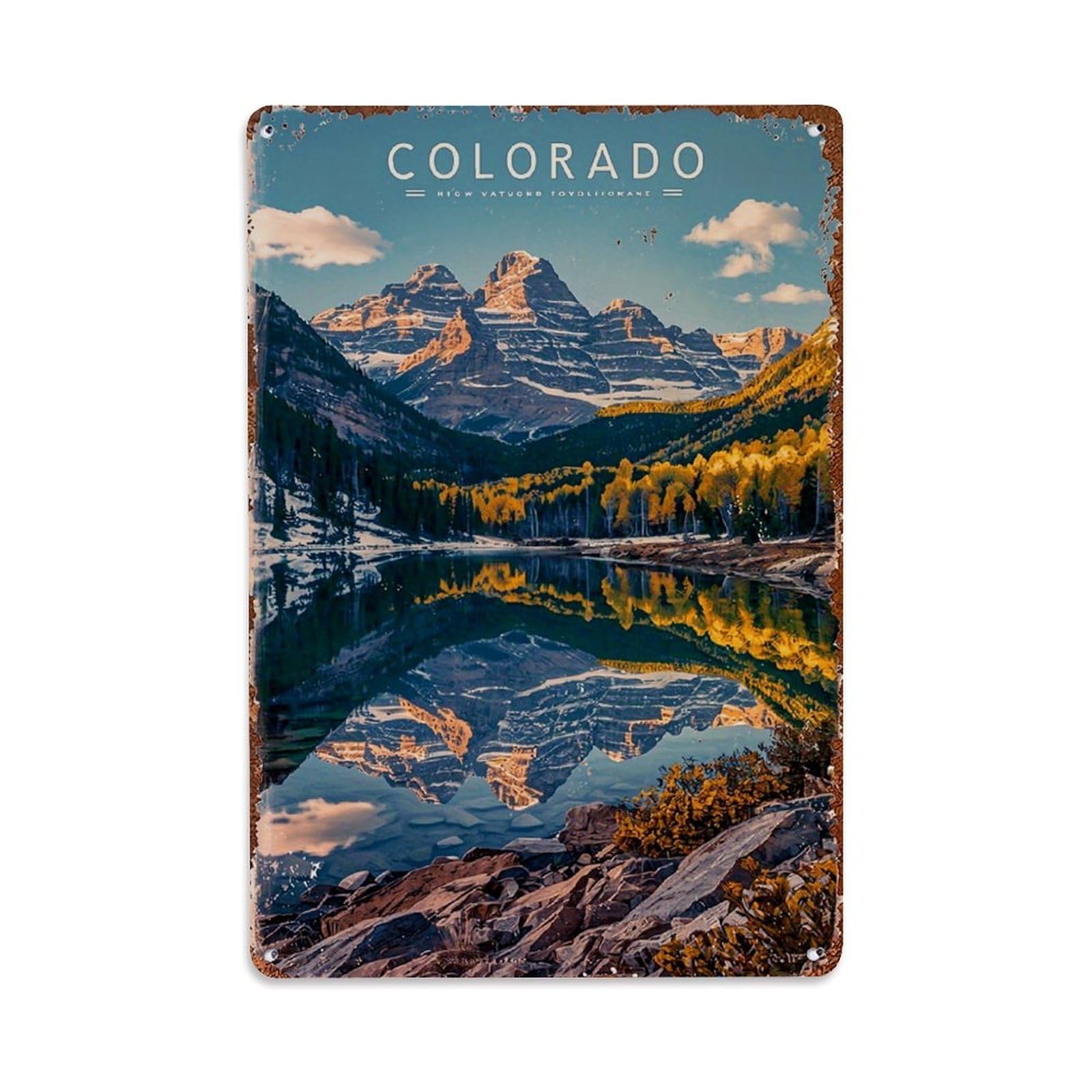 Bliveurn Vintage Colorado Mountain Lake Reflection Scene Retro Metal Tin Sign, Metal Poster For Home, Gaming Room, Studio Workshop,Bar,Garage Wall Art Decor 8X12 Inch
