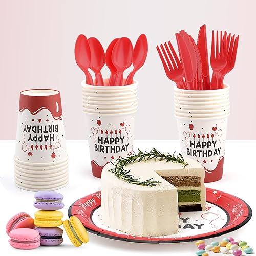 Miniatura 2 de Juego de platos y servilletas rojos, decoraciones de cumpleaños para hombres y mujeres, platos de papel, servilletas, vasos, cuchillos de plástico,