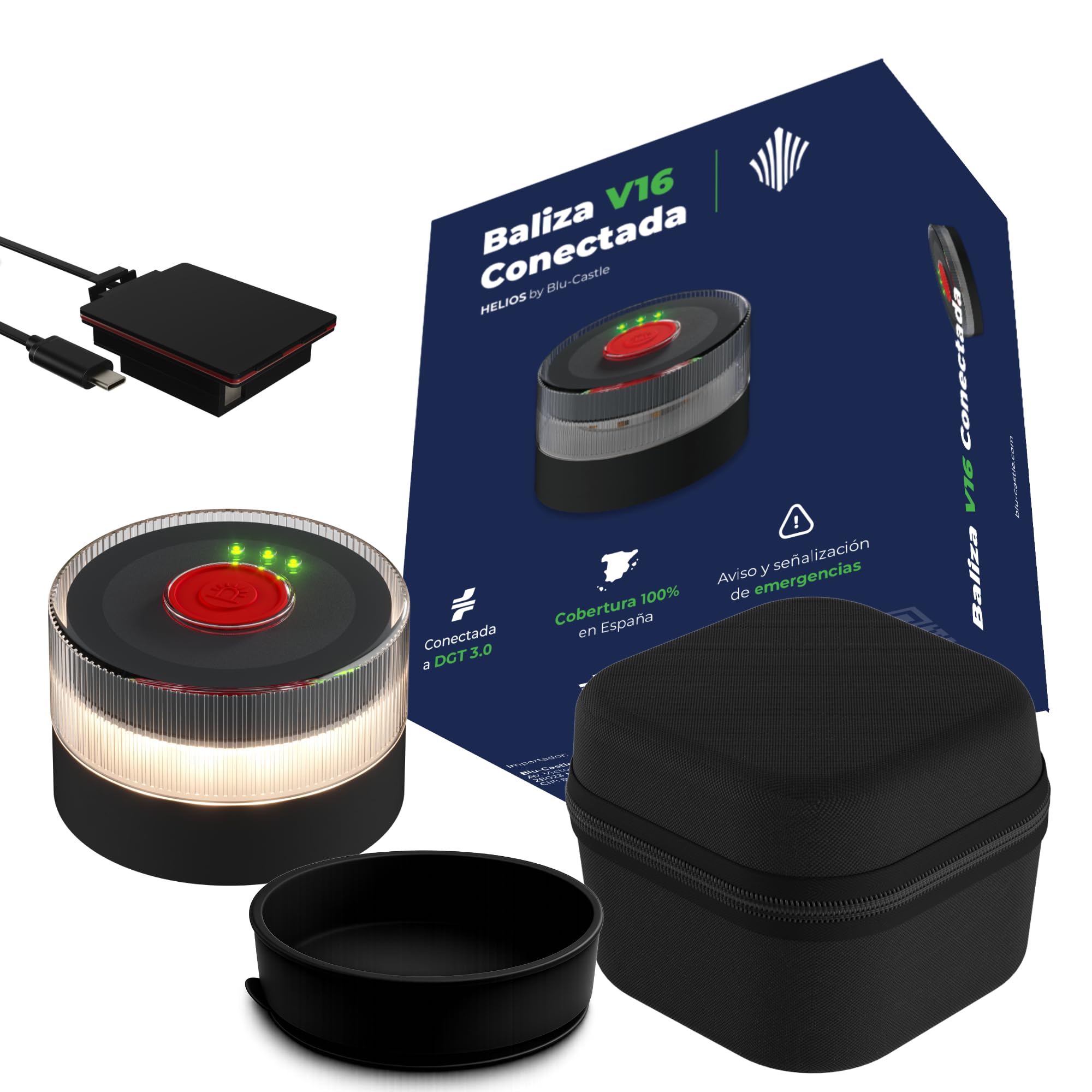 Baliza V16 Conectada DGT 3.0 HELIOS PLUS BLU-CASTLE| Kit Completo: Funda, Ventosa, Baterías y USB Alimentador | Certificada LCOE 2025050519G1 | Geolocalizada | Multioperador |12 Años de Datos | IP65