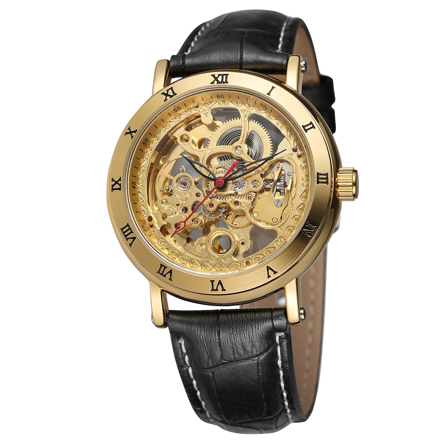 Forsining - Orologio da polso da uomo, alla moda, in stile steampunk, automatico, analogico, in pelle nera