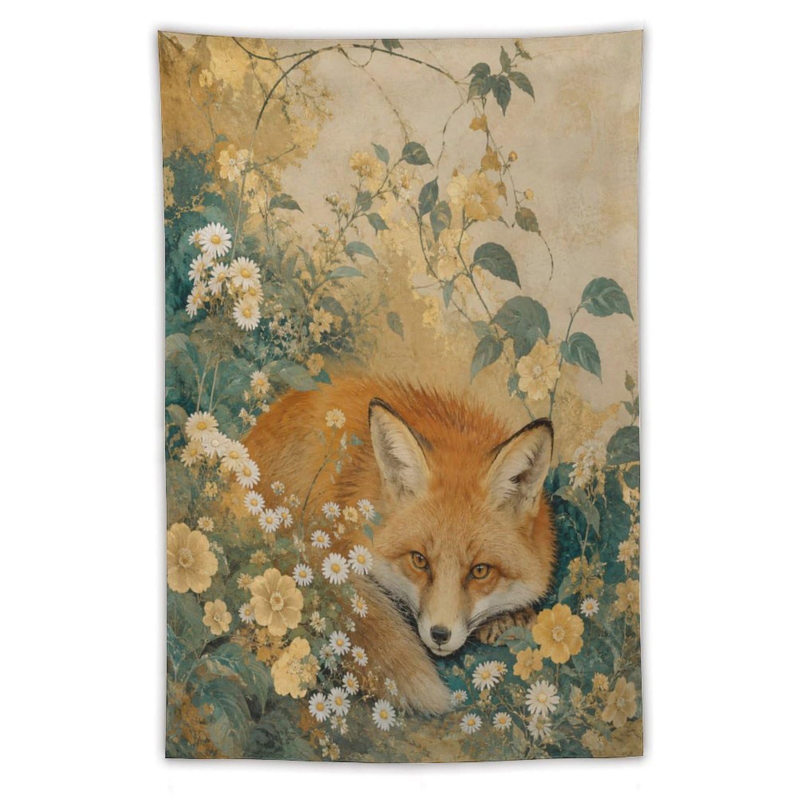 H3B8U2Y5 Fox Floral Meadow Wall Tapestry, Impressionist, Dorm Room